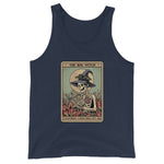 Navy tank top with a skeleton wearing a witch hat and reading a book design on a white background.
