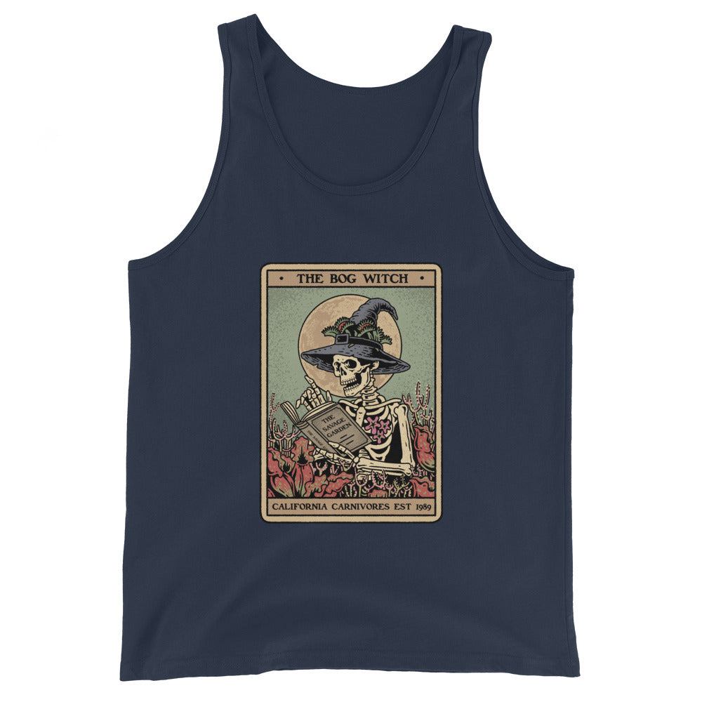 Navy tank top with a skeleton wearing a witch hat and reading a book design on a white background.