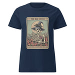 Navy blue t-shirt with a graphic of a skeleton in a witch hat and text on a white background