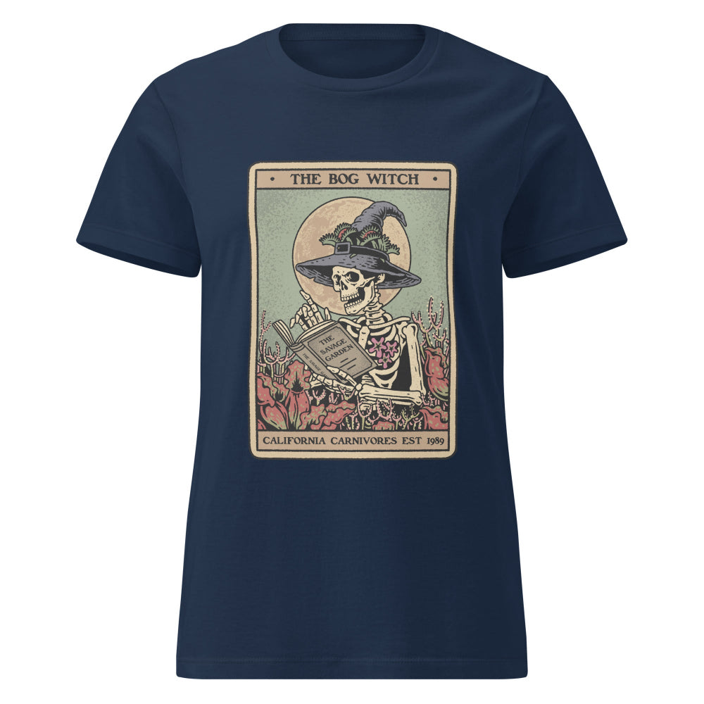 Navy blue t-shirt with a graphic of a skeleton in a witch hat and text on a white background