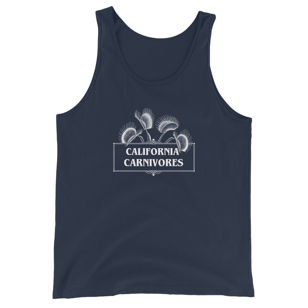 Navy tank top with 'California Carnivores' logo on a white background