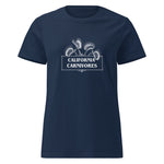 Navy blue t-shirt with 'California Carnivores' text on a white background