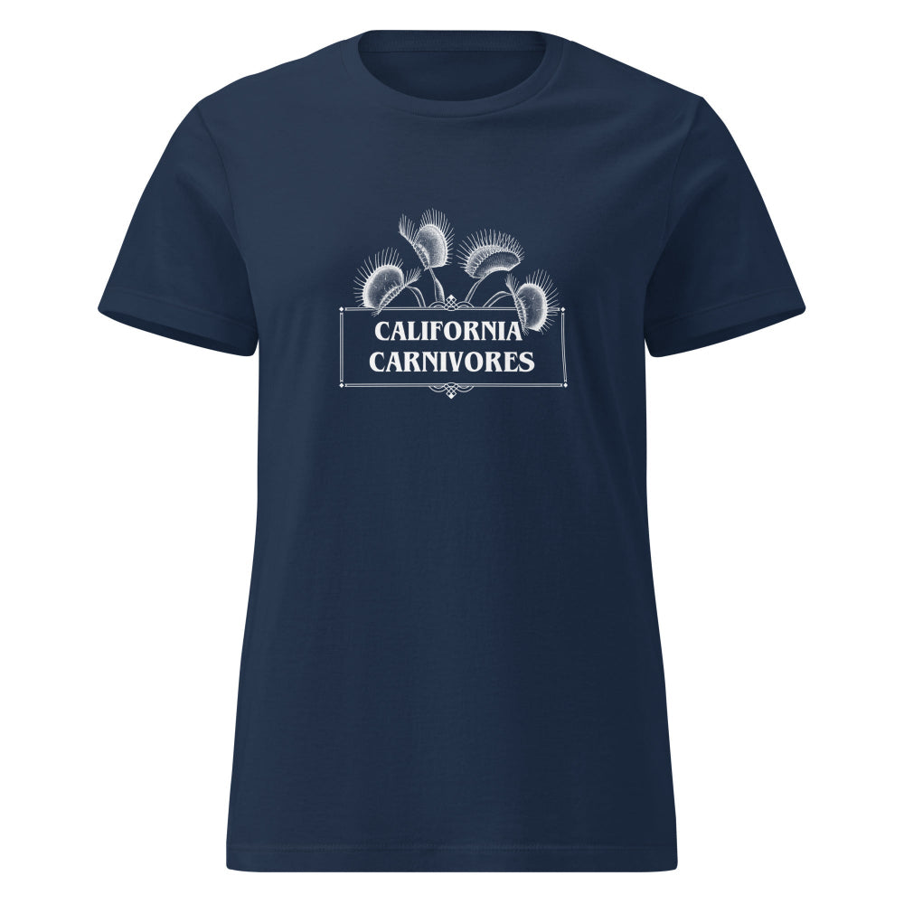 Navy blue t-shirt with 'California Carnivores' text on a white background