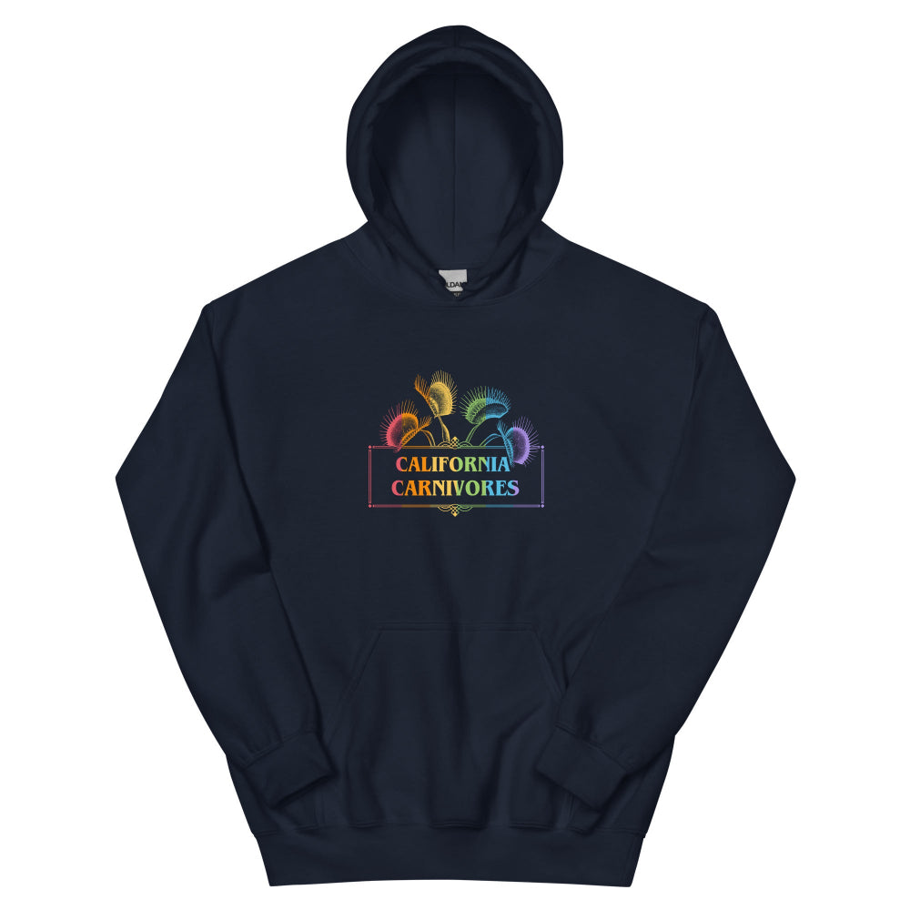 Navy hoodie with 'California Carnivores' logo on a white background