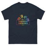 Navy t-shirt with 'California Carnivores' graphic design on a white background