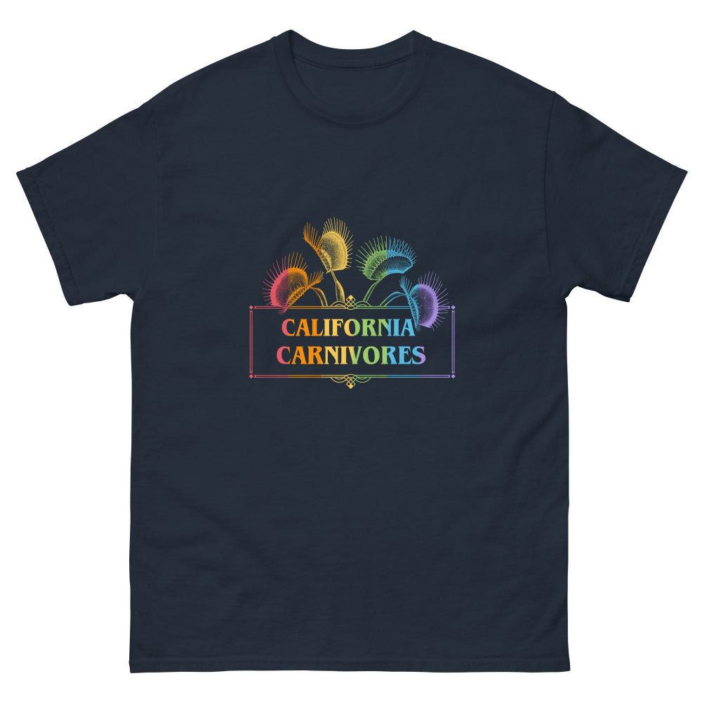 Navy t-shirt with 'California Carnivores' graphic design on a white background