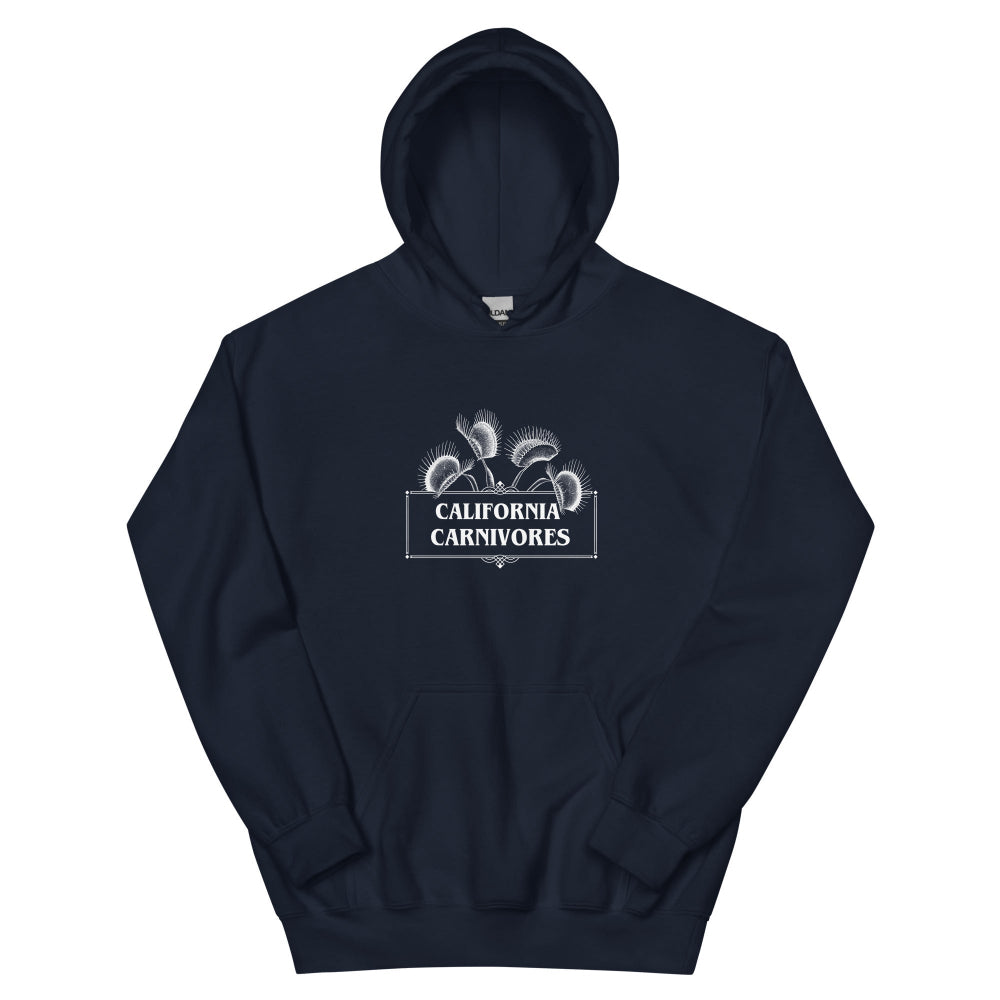 Navy hoodie with text and California Carnivores logo on a white background
