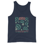 Navy California Carnivores unisex tank top with Wicked Hungry in coral, in the upper middle, surrounded by wood block print style flytraps in teal. 
