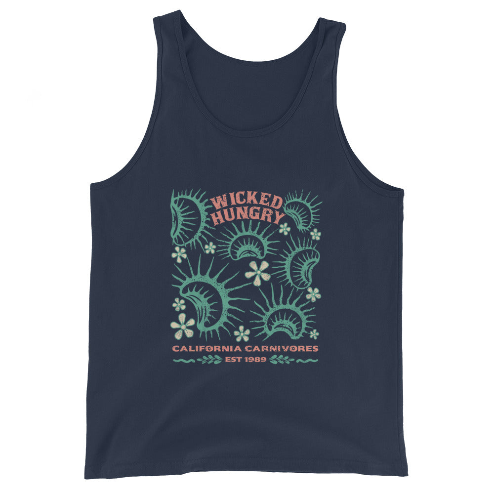Navy California Carnivores unisex tank top with Wicked Hungry in coral, in the upper middle, surrounded by wood block print style flytraps in teal. 