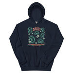 Navy California Carnivores unisex hoodie with Wicked Hungry in coral, in the upper middle, surrounded by wood block print style flytraps in teal