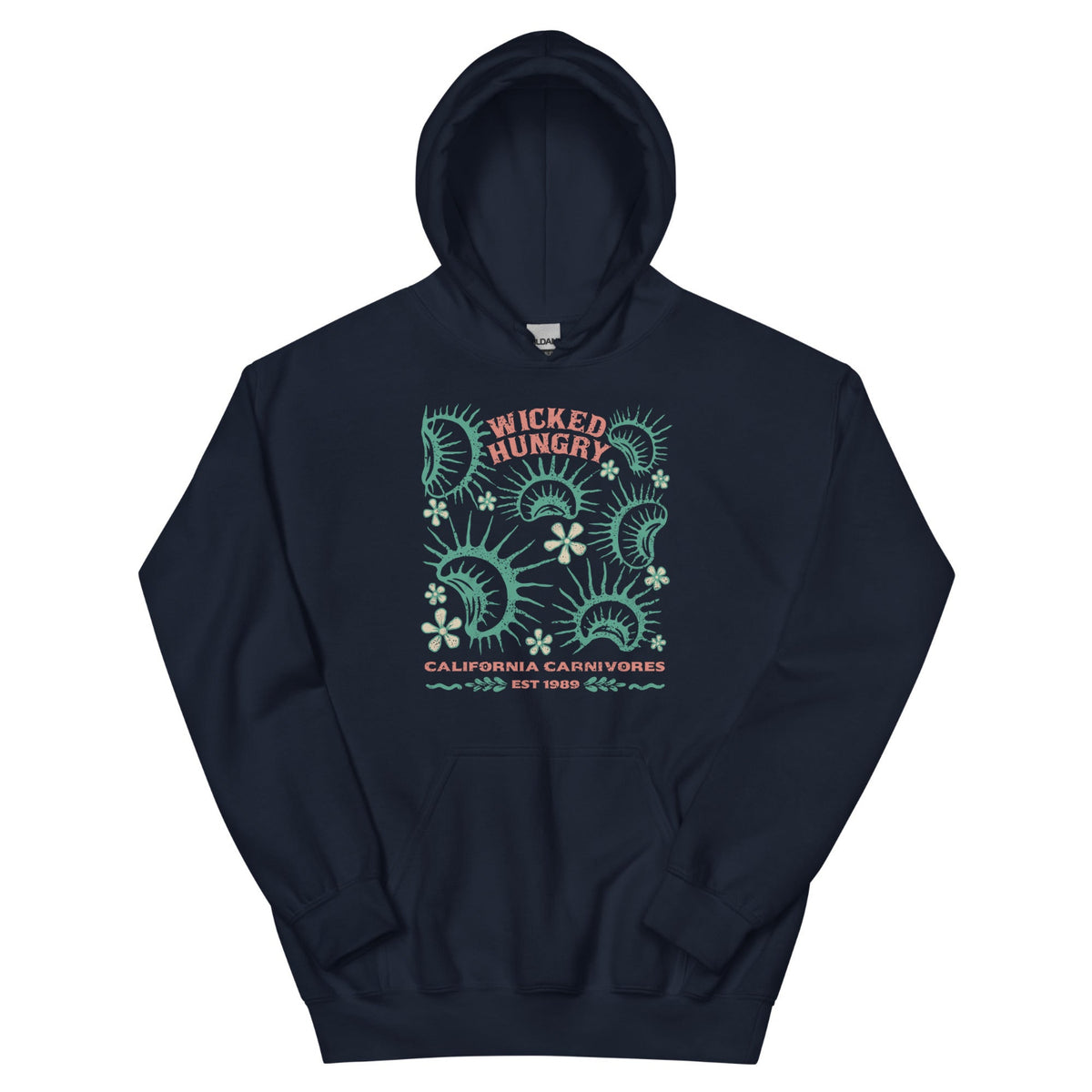 Navy California Carnivores unisex hoodie with Wicked Hungry in coral, in the upper middle, surrounded by wood block print style flytraps in teal