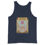 Navy tank top with a graphic design of flowers and text on a white background