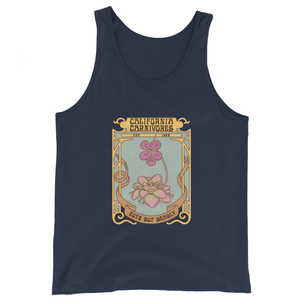 Navy tank top with a graphic design of flowers and text on a white background