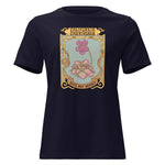 Navy t-shirt with a decorative graphic and text on a white background