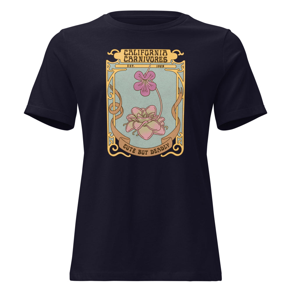 Navy t-shirt with a decorative graphic and text on a white background