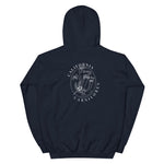 Navy hoodie with text on the back against a white background