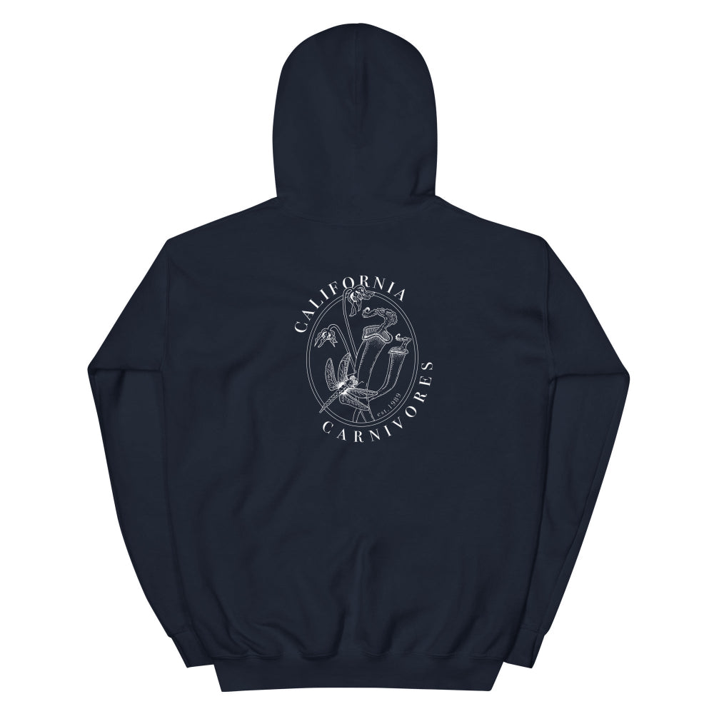 Navy hoodie with text on the back against a white background