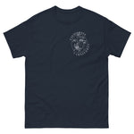 Navy t-shirt with white logo on a white background