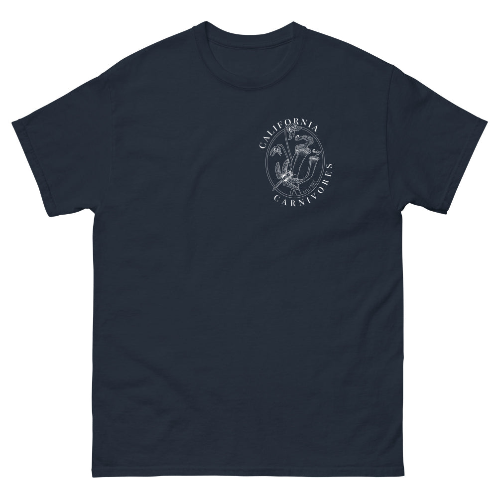 Navy t-shirt with white logo on a white background