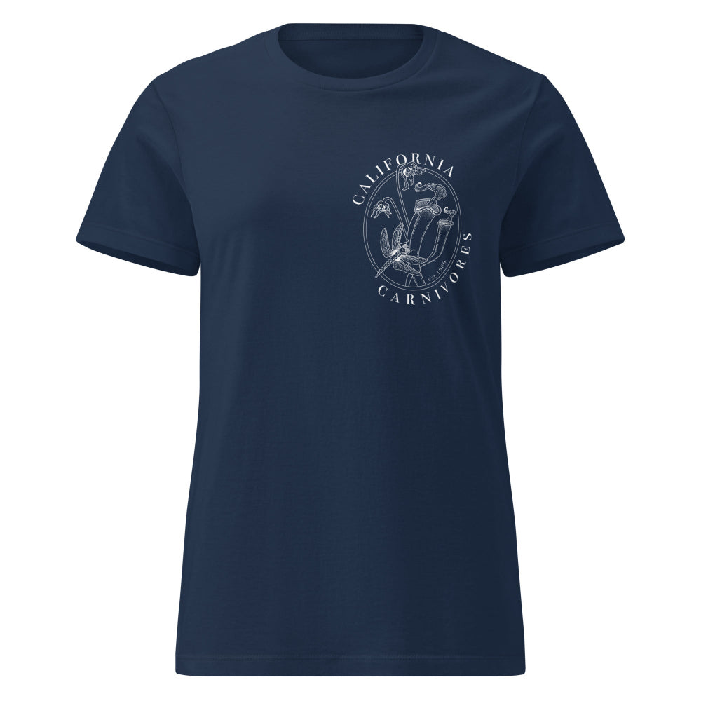 Navy blue t-shirt with a white graphic design on a white background