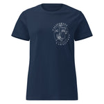 Navy blue t-shirt with a white graphic design on a white background