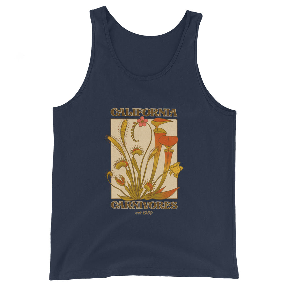 Navy tank top with carnivorous plant design and 'California Carnivores' text on a white background
