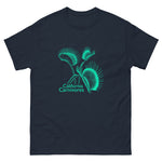 Navy blue t-shirt with teal carnivorous plant design and 'California Carnivores' text on a white background