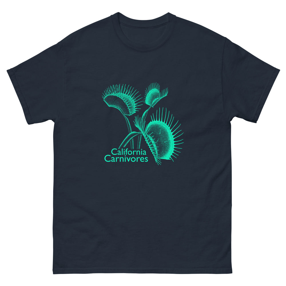 Navy blue t-shirt with teal carnivorous plant design and 'California Carnivores' text on a white background