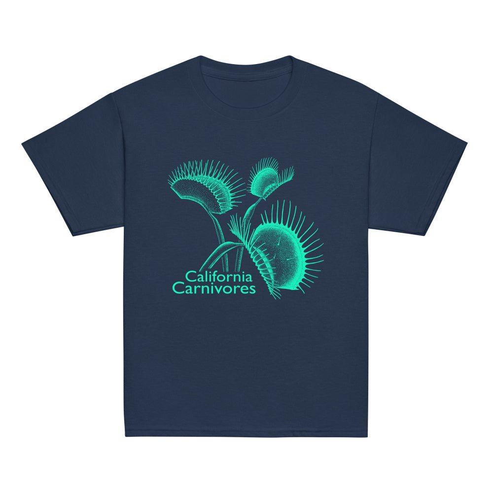 Navy blue t-shirt with teal graphic design and 'California Carnivores' text on a white background