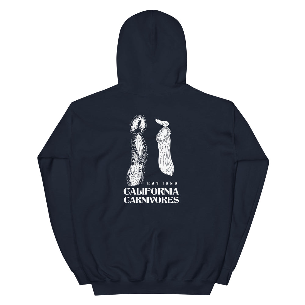 Navy hoodie with white graphics and text on a white background