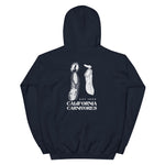 Navy hoodie with white graphics and text on a white background