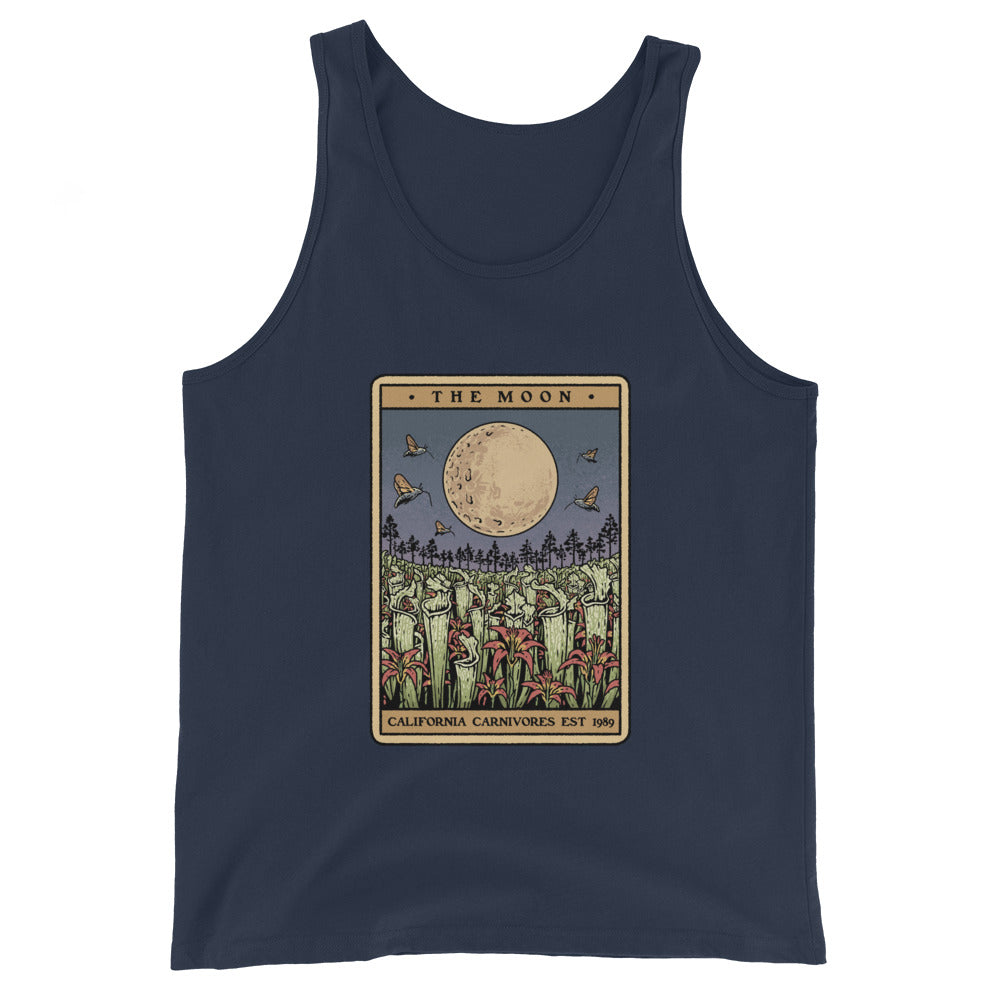 Navy tank top with 'The Moon' graphic design on a white background