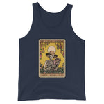 Navy tank top with a graphic of a skeleton gardener and 'The Savage Gardener' text on a white background