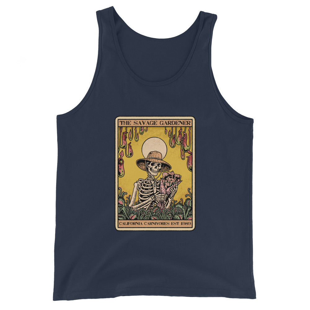 Navy tank top with a graphic of a skeleton gardener and 'The Savage Gardener' text on a white background