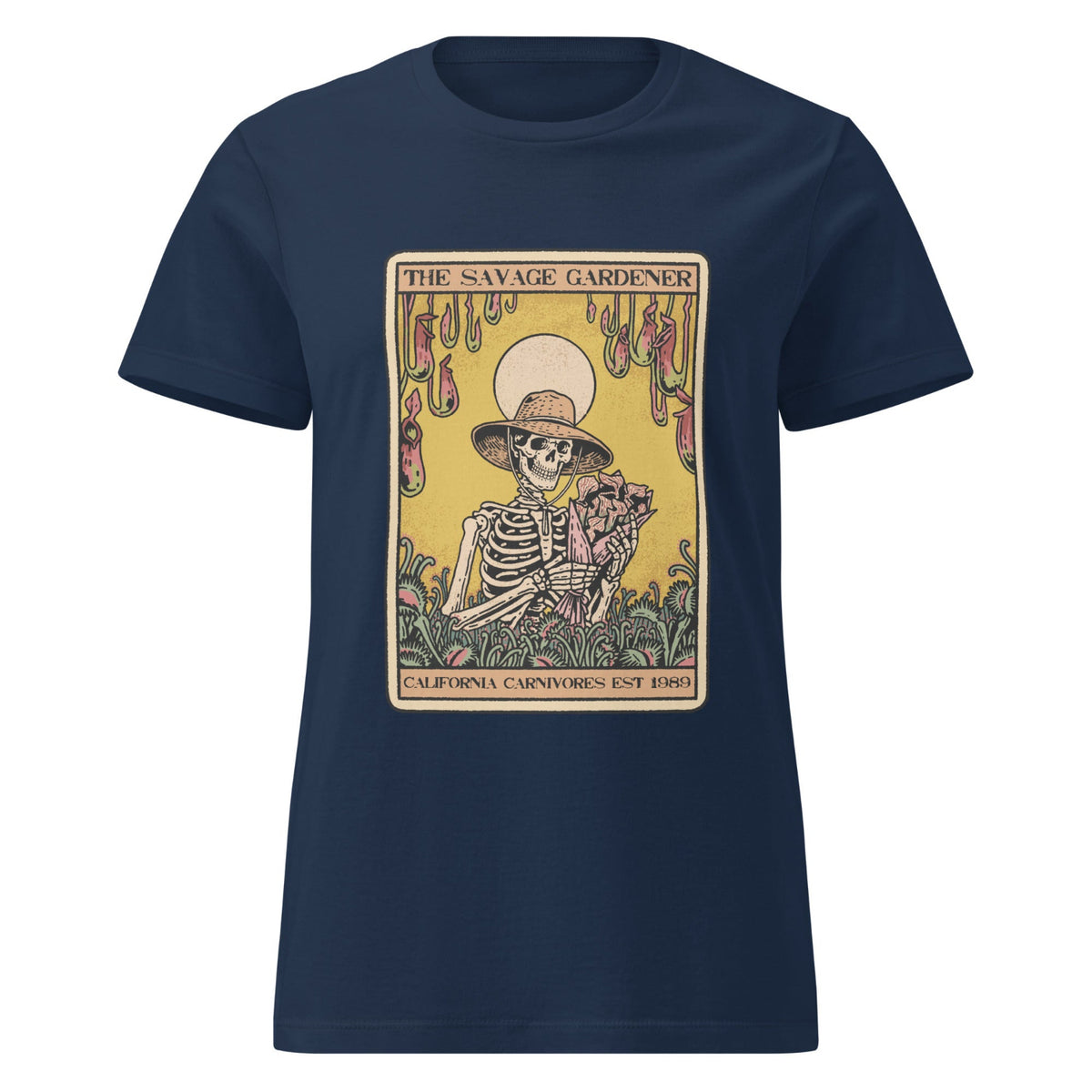 Navy blue t-shirt with a skeleton gardener graphic on a white background