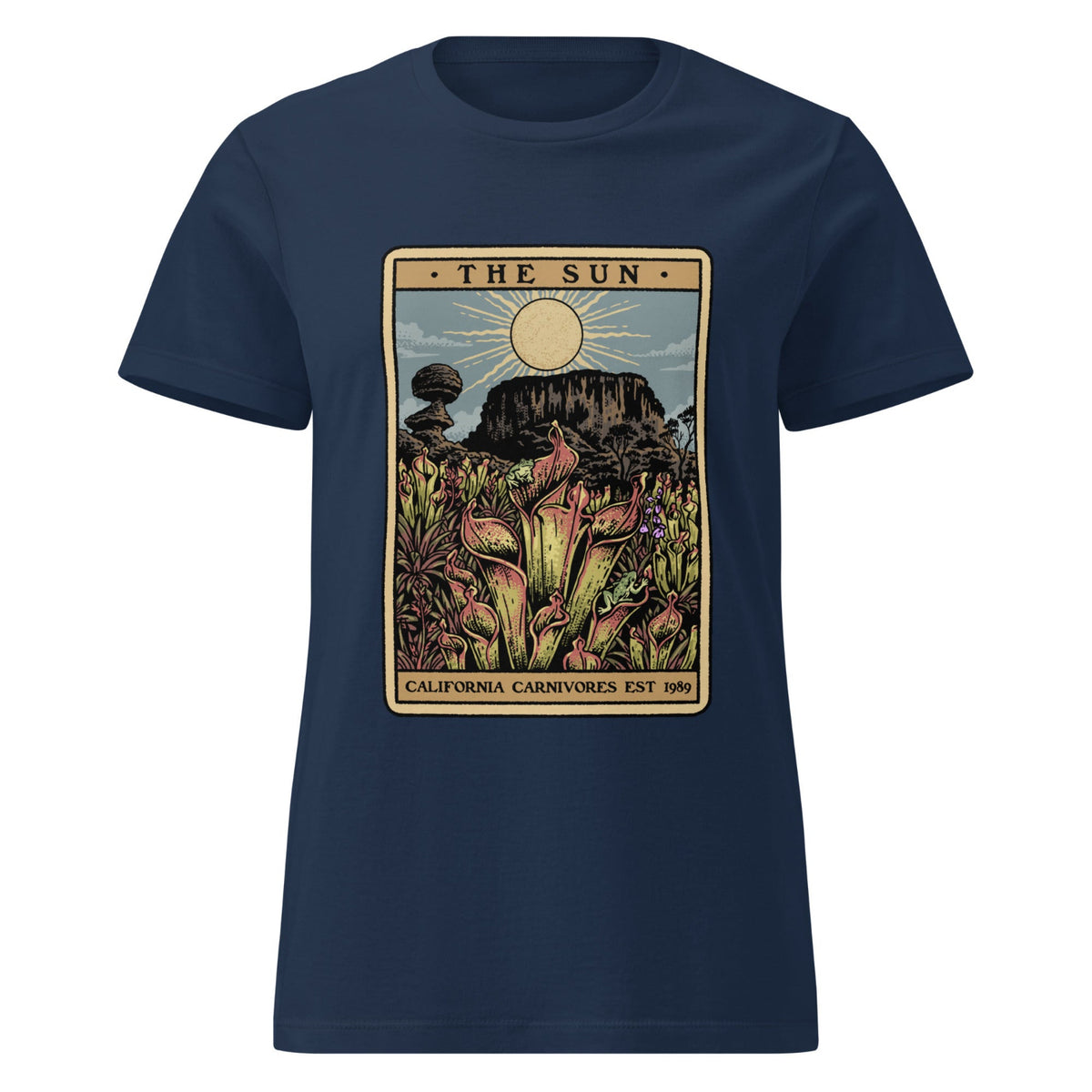 Navy blue t-shirt with a graphic design of 'The Sun' tarot card