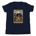 The Shining Sun youth unisex navy shirt has a heliamphora in the sun styled after a tarot card.