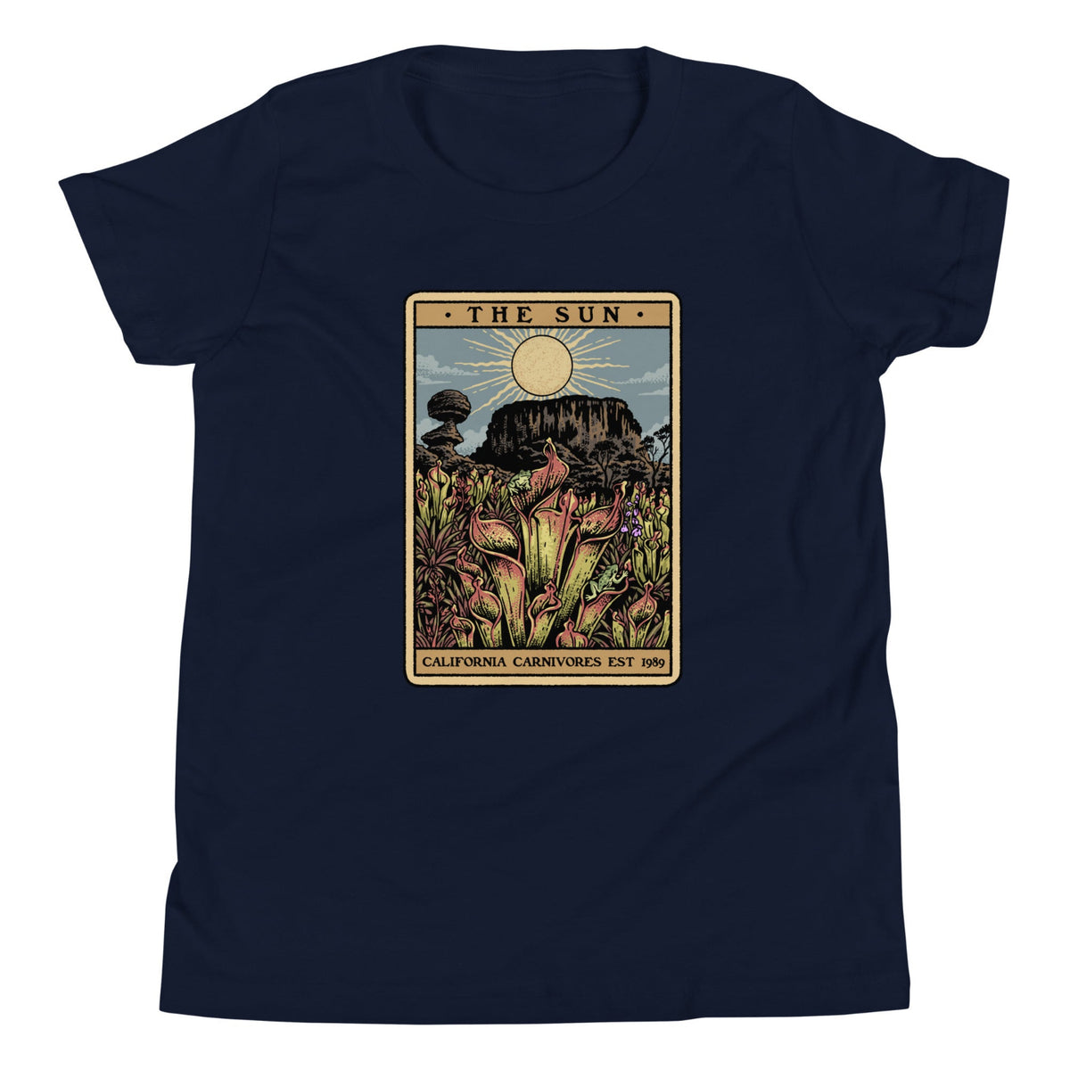 The Shining Sun youth unisex navy shirt has a heliamphora in the sun styled after a tarot card.
