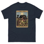 Navy t-shirt with a graphic design of Heliamphora as the Sun tarot card