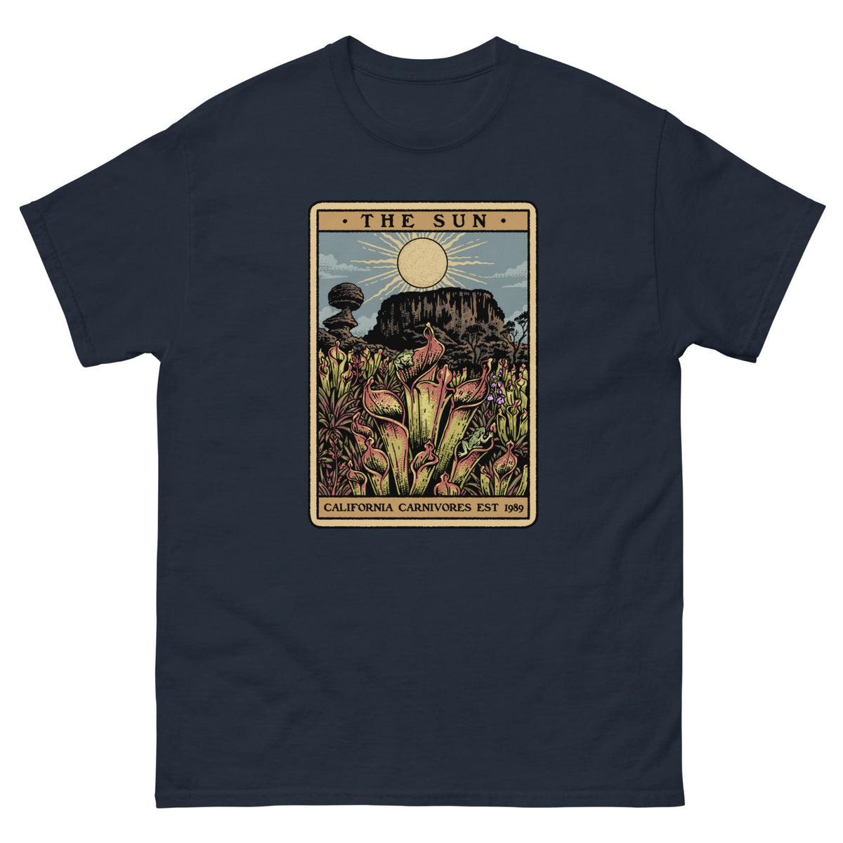 Navy t-shirt with a graphic design of Heliamphora as the Sun tarot card