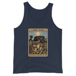 Navy Shining Sun Unisex Tank Top with image of Heliamphora in the sun in tarot card style