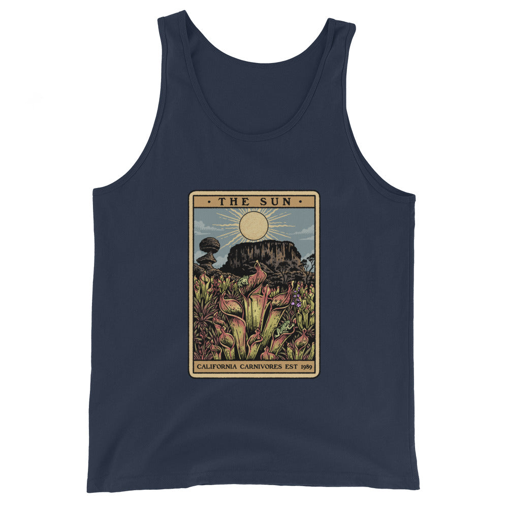Navy Shining Sun Unisex Tank Top with image of Heliamphora in the sun in tarot card style