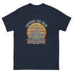 Navy blue t-shirt with a graphic design on a white background