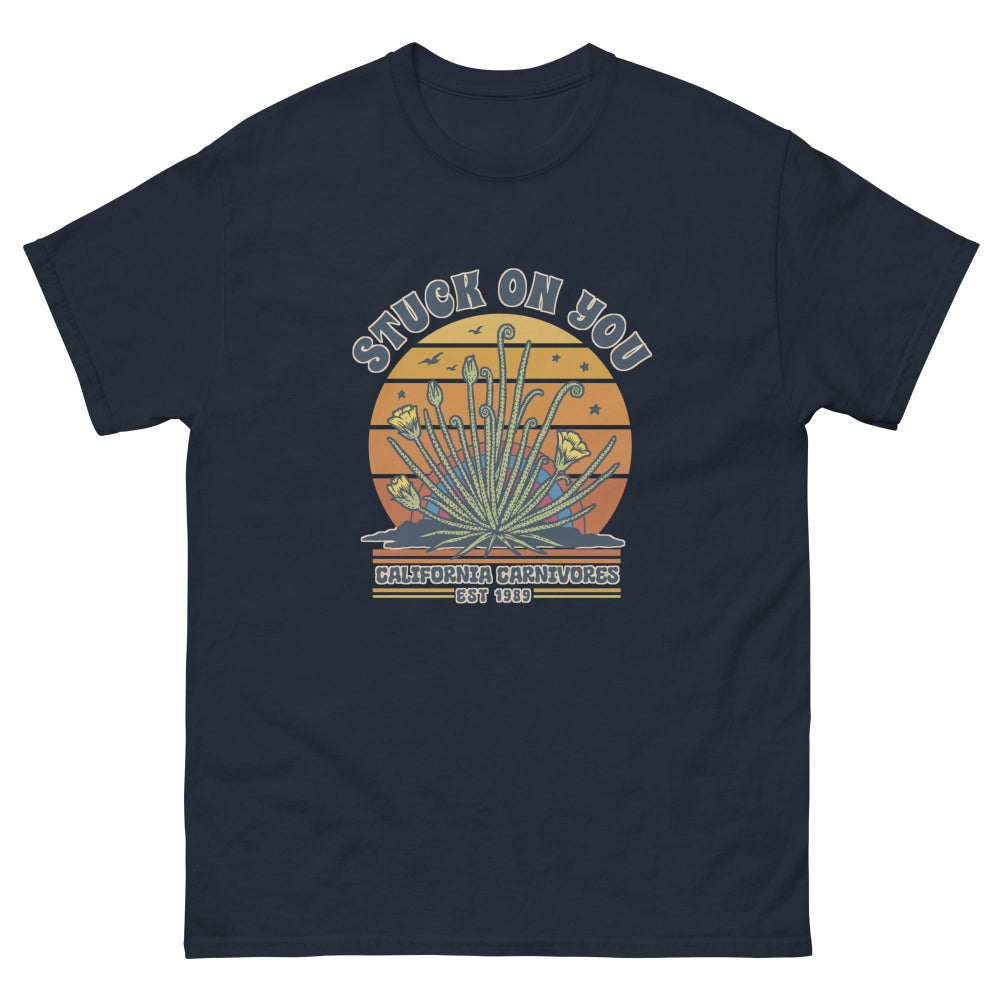Navy blue t-shirt with a graphic design on a white background