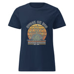 Navy blue t-shirt with a graphic design on a white background