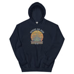 Navy blue hoodie with a graphic of a face and text on a white background