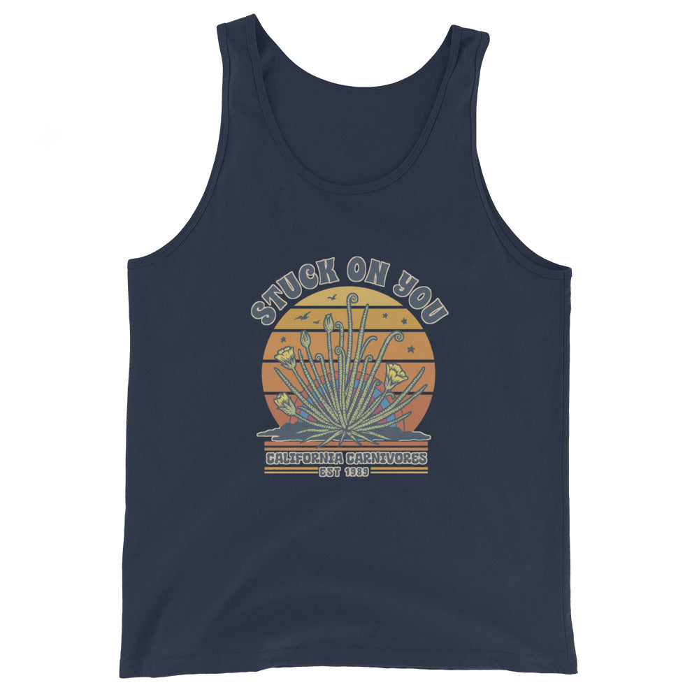 Navy tank top with a graphic design on a white background