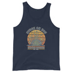 Navy tank top with a graphic design on a white background