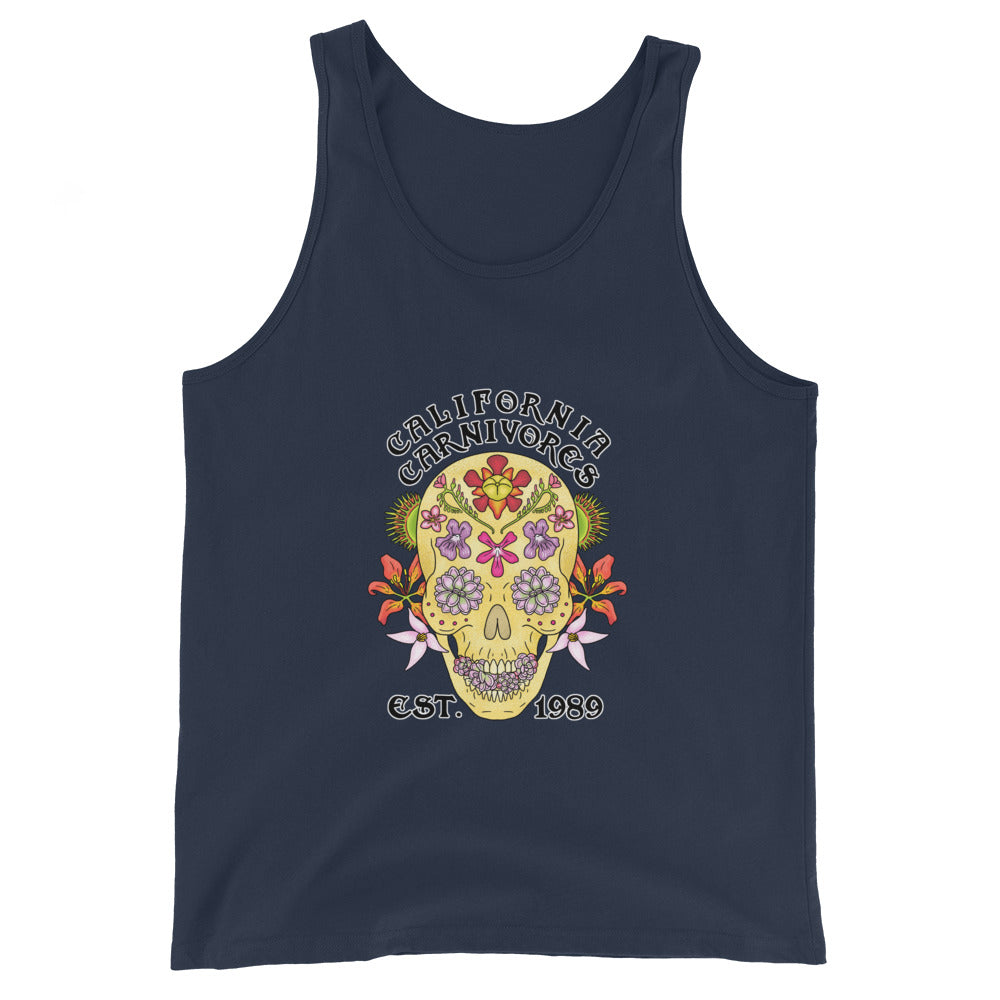 Navy tank top with a colorful skull design and text on a white background