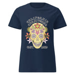 Navy blue t-shirt with a colorful skull design and 'California Carnivores' text on a white background